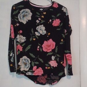 Old Navy Black Floral Top with Pink Trim